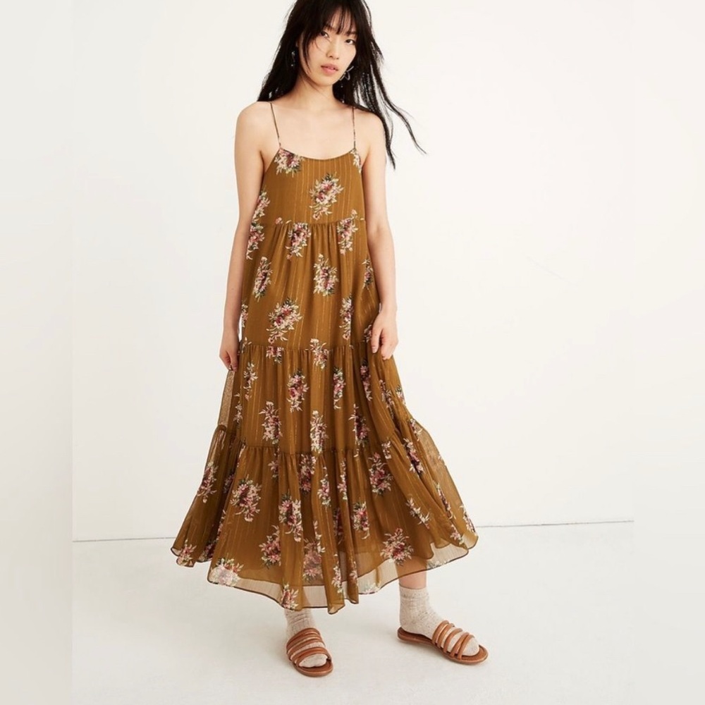 Madewell Metallic corsage tiered floral midi dress
